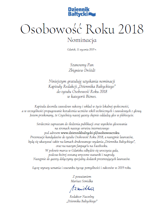 Nominacja do nagrody Osobowość Roku 2019 w kategorii Biznes 